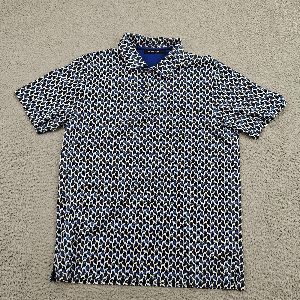 Bugatchi Polo Shirt Mens Medium Blue Geometric Mercerized Cotton Short Sleeve